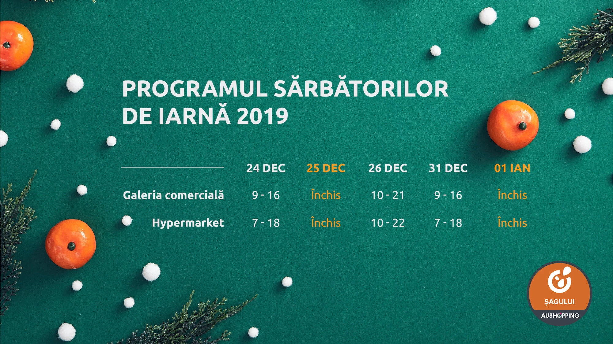 Programul sărbătorilor de iarnă 2019 în Centrul Comercial Aushopping Șagului